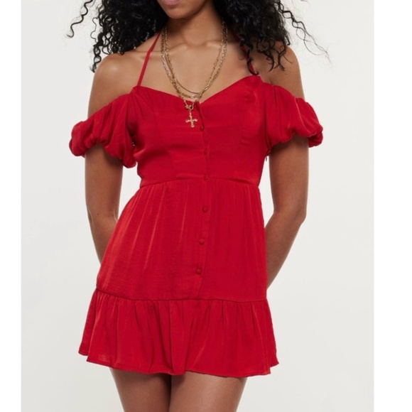 Urban Outfitters Kimchi Blue Off-the-Shoulder Red Mini Dress 🍒❤️ - Picture 1 of 8